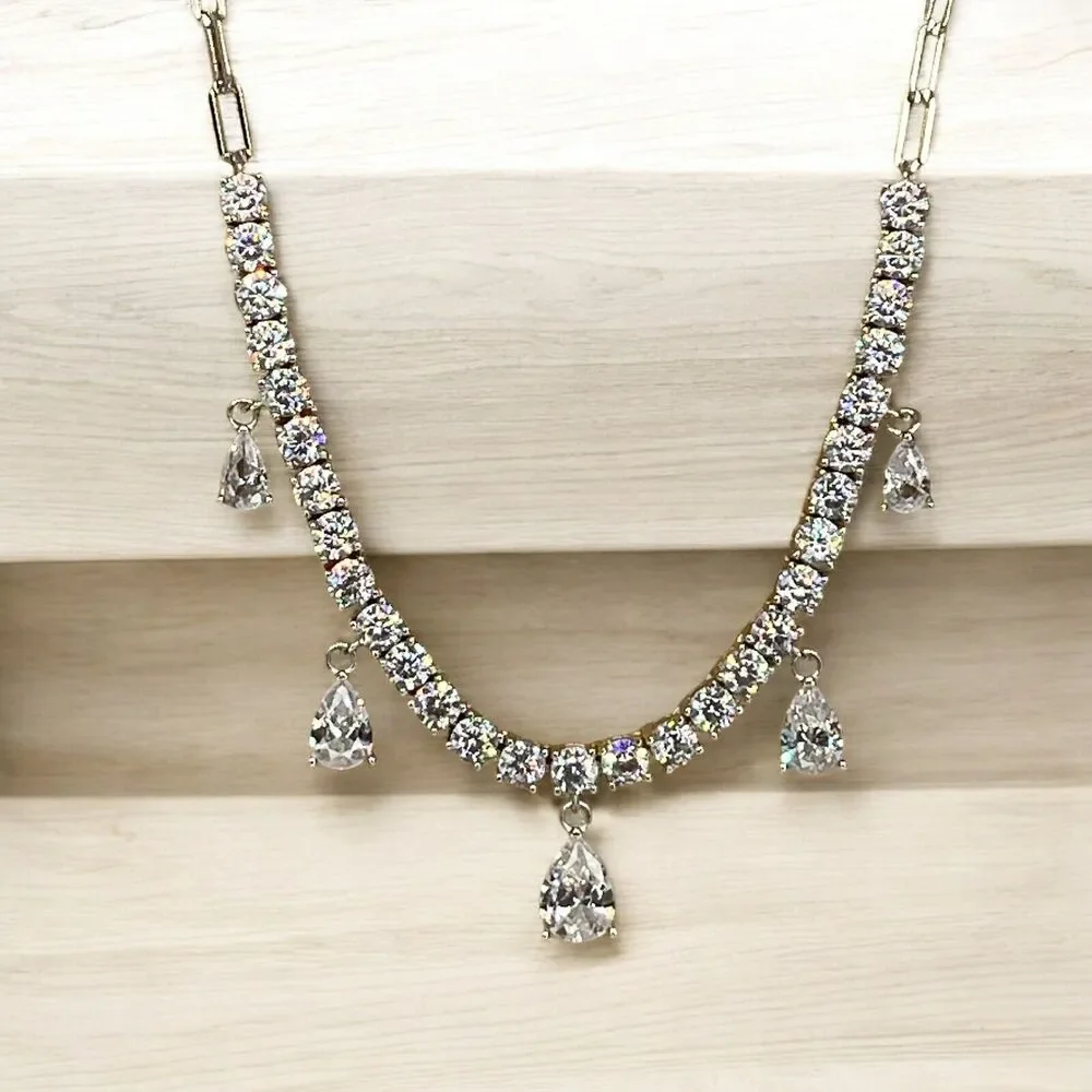 Sterling Silver Stunning CZ Drop Necklace Elegant Stylish Fashion Chic Glam NEW